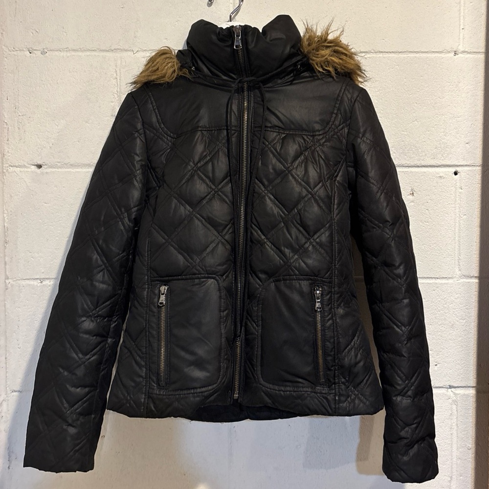 Kennith Cole NY puffer down jacket hoodie black faux fur trim